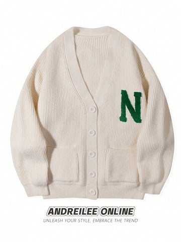 Oversized Letter Patch Ribbed Cardigan