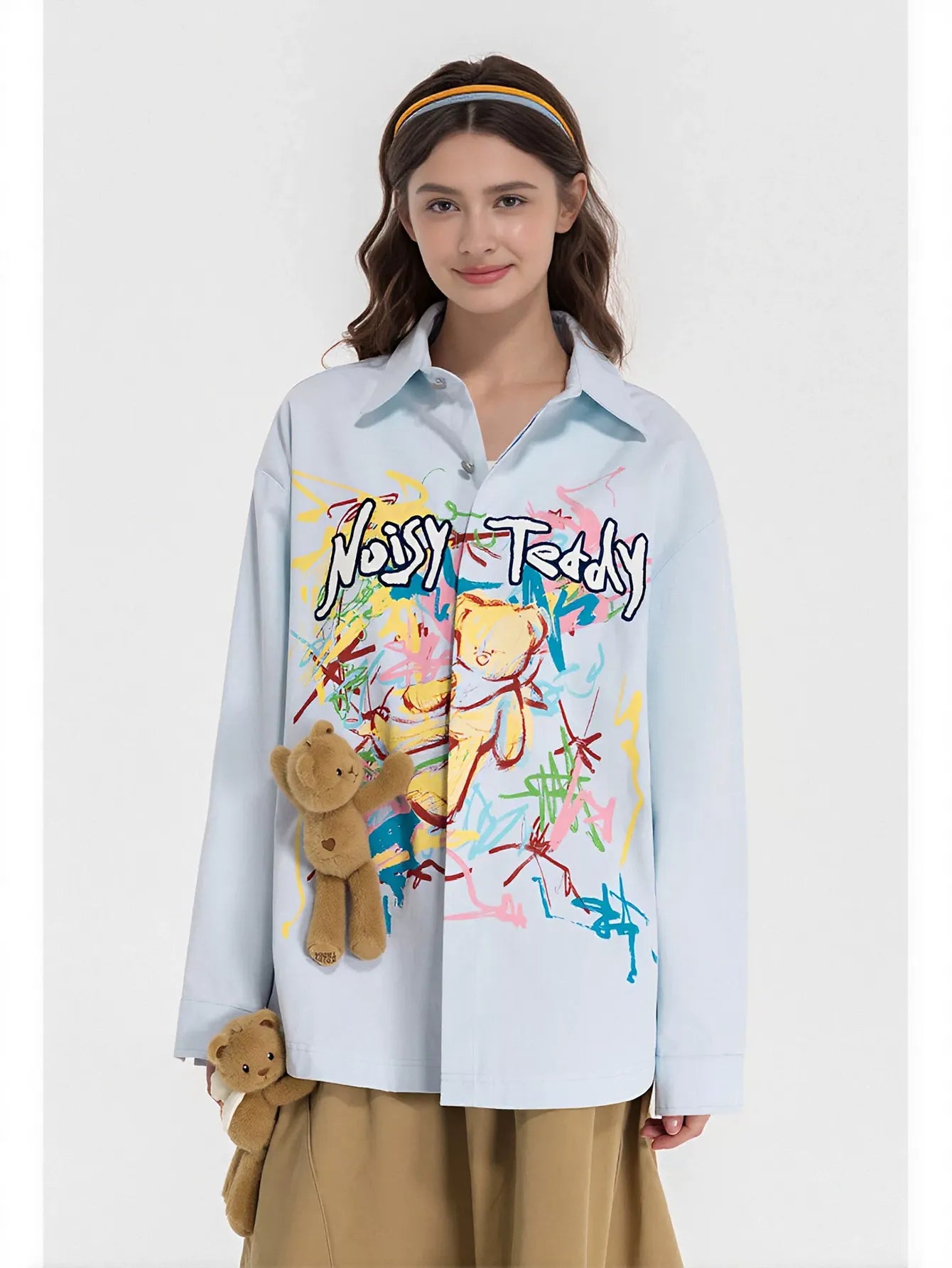 Oversized Graphic Teddy Bear Button Shirt