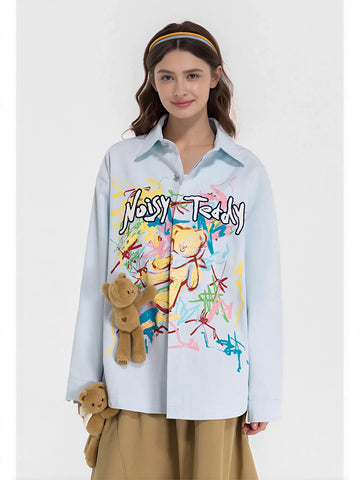 Oversized Graphic Teddy Bear Button Shirt