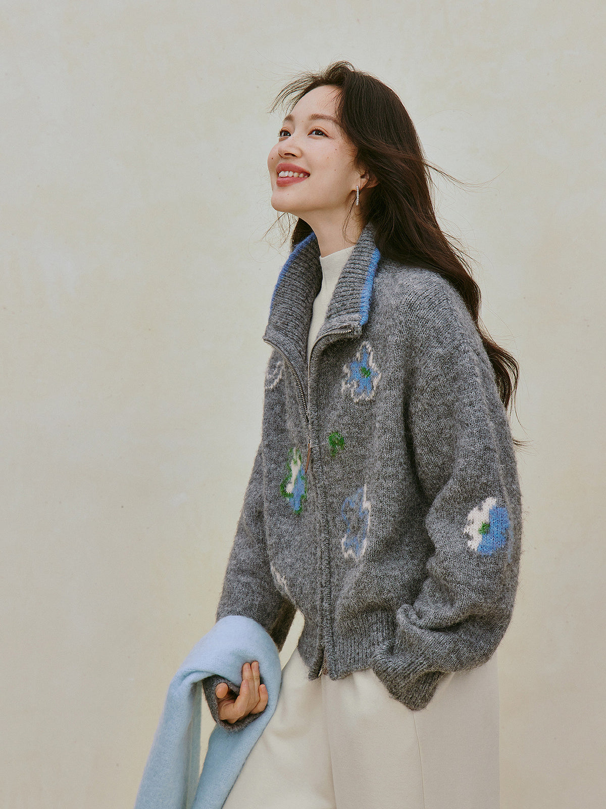 Cozy Floral Wool Zip Cardigan