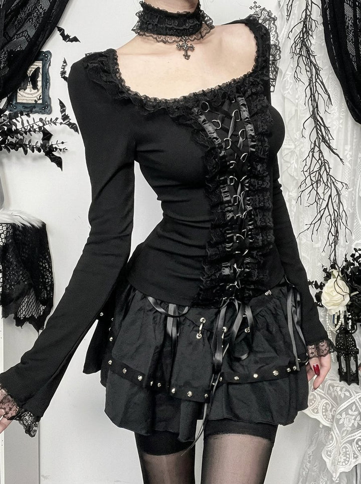Gothic Lace Up Ruffle Long Sleeve Top