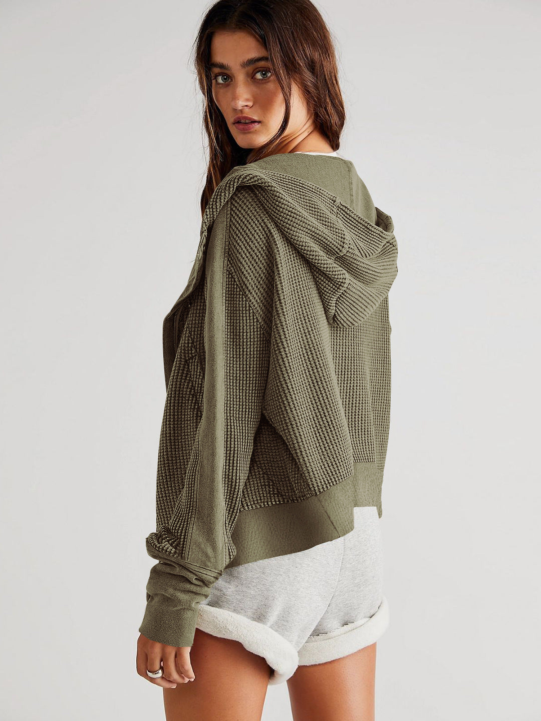 Waffle Knit Snap Up Hoodie Jacket