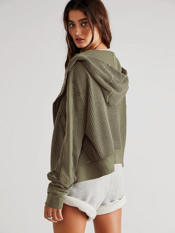 Waffle Knit Snap Up Hoodie Jacket