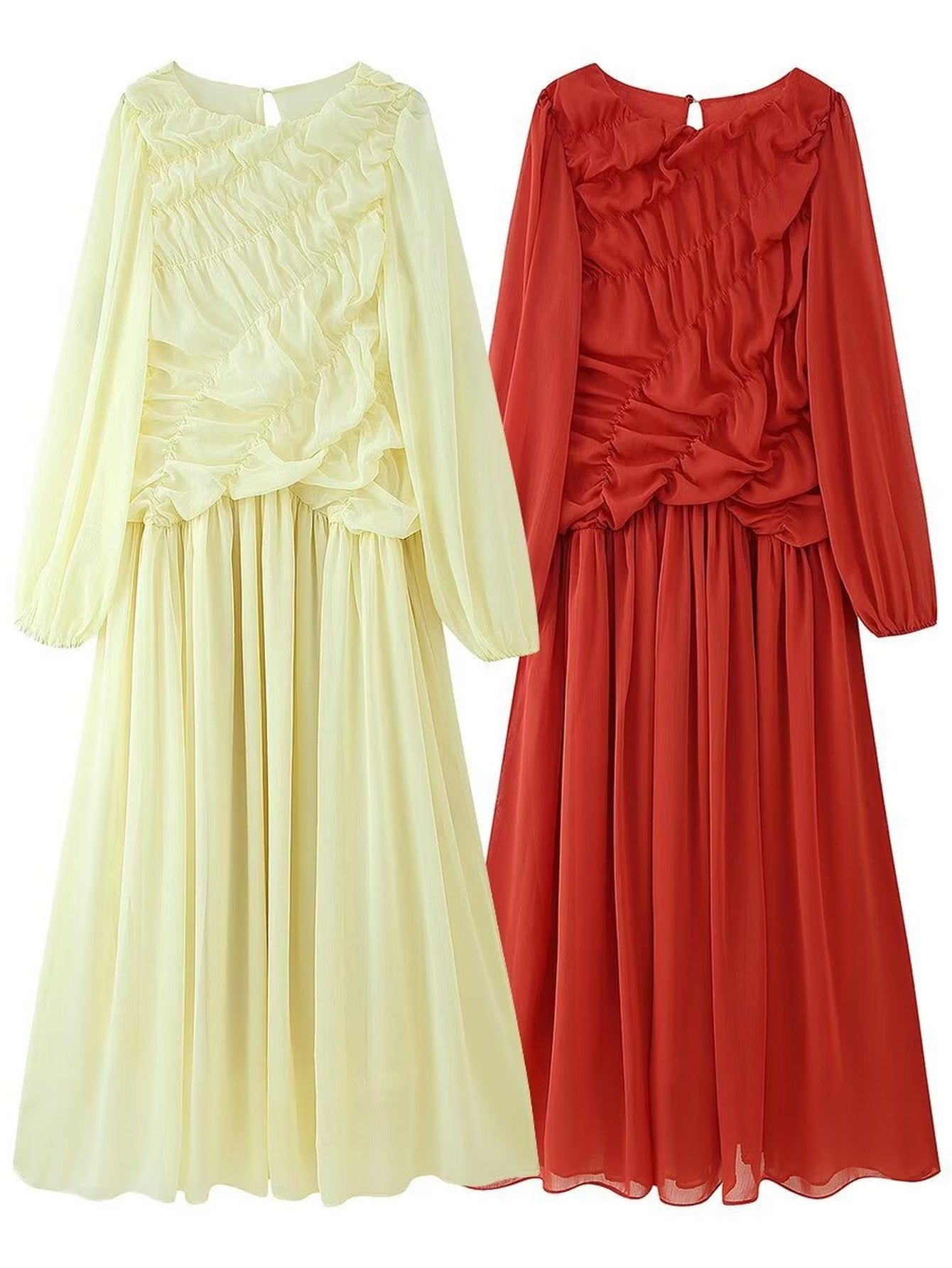 Ruched Chiffon Long Sleeve Dress