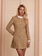 Buttoned Tweed Pleated Mini Dress