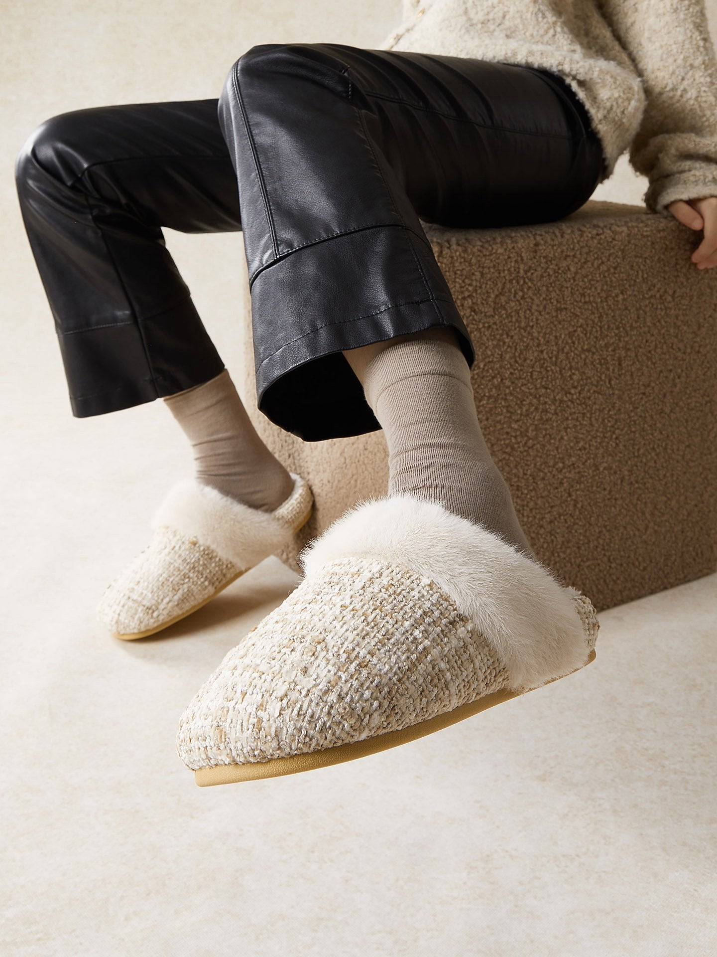 Cozy Faux Fur Tweed House Slippers
