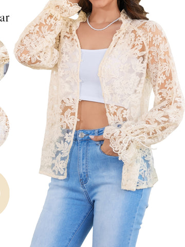 Sheer Floral Lace Button Up Shirt