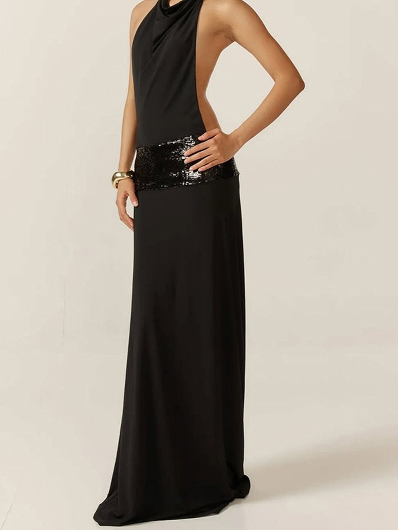 Sequin Waist Backless Cowl Dress