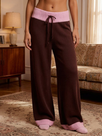 Colorblock Ribbed Knit Wide Leg Pants
