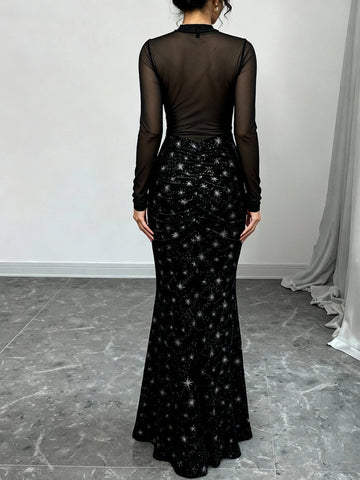 Sheer Mesh Star Print Maxi Dress