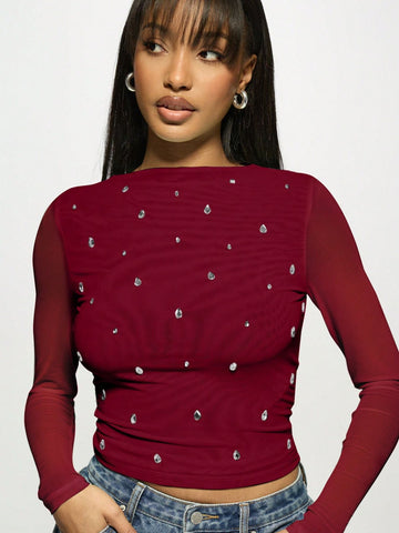 Embellished Sheer Long Sleeve Mesh Tee