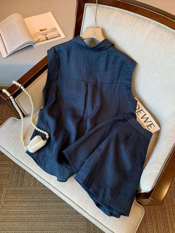 Sleeveless Linen Tailored Shorts Set
