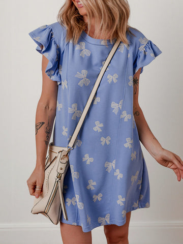Cute Bow Print Ruffle Sleeve Dress