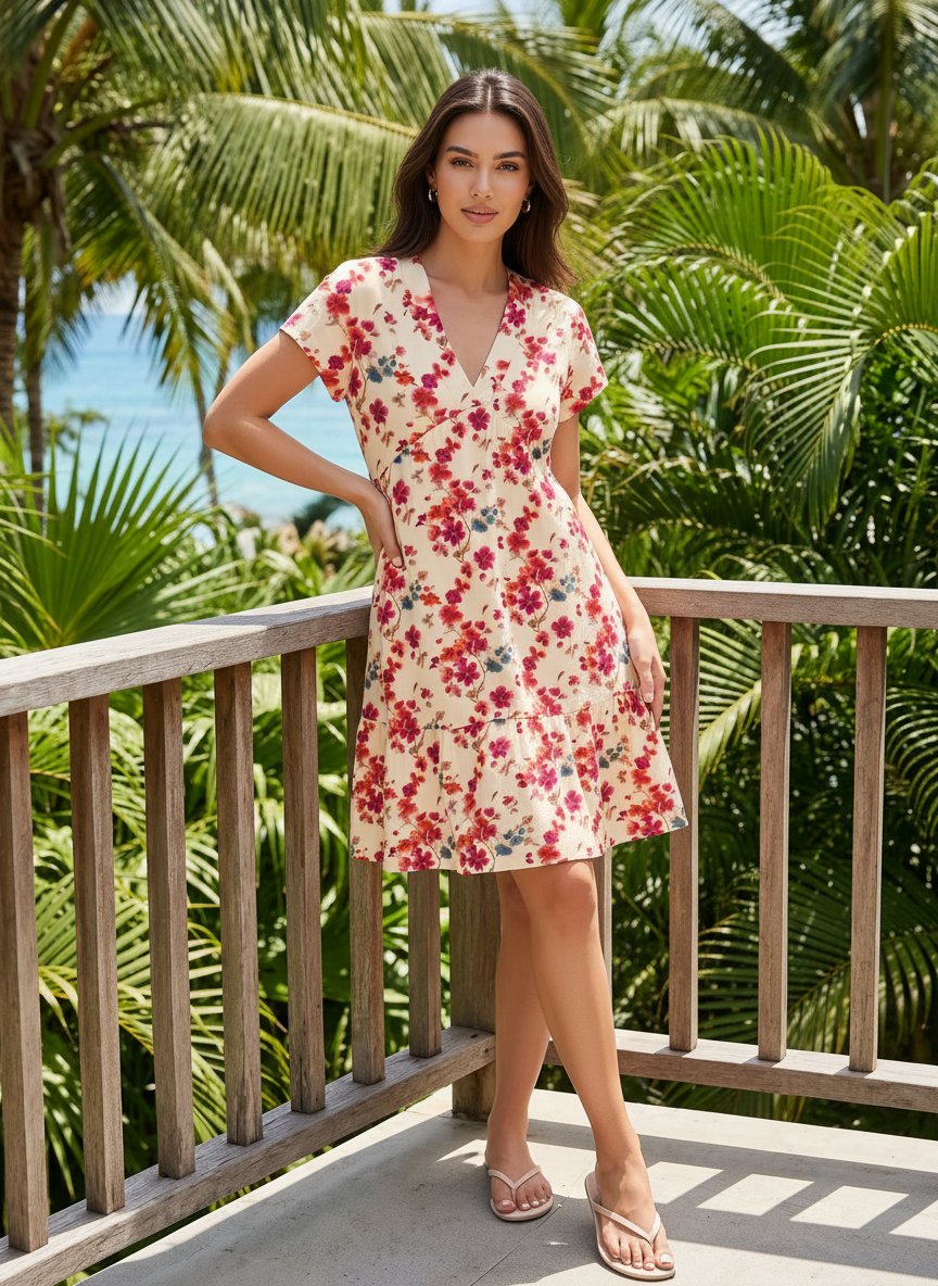 EVA Floral Print V Neck Tiered Babydoll Mini Dress