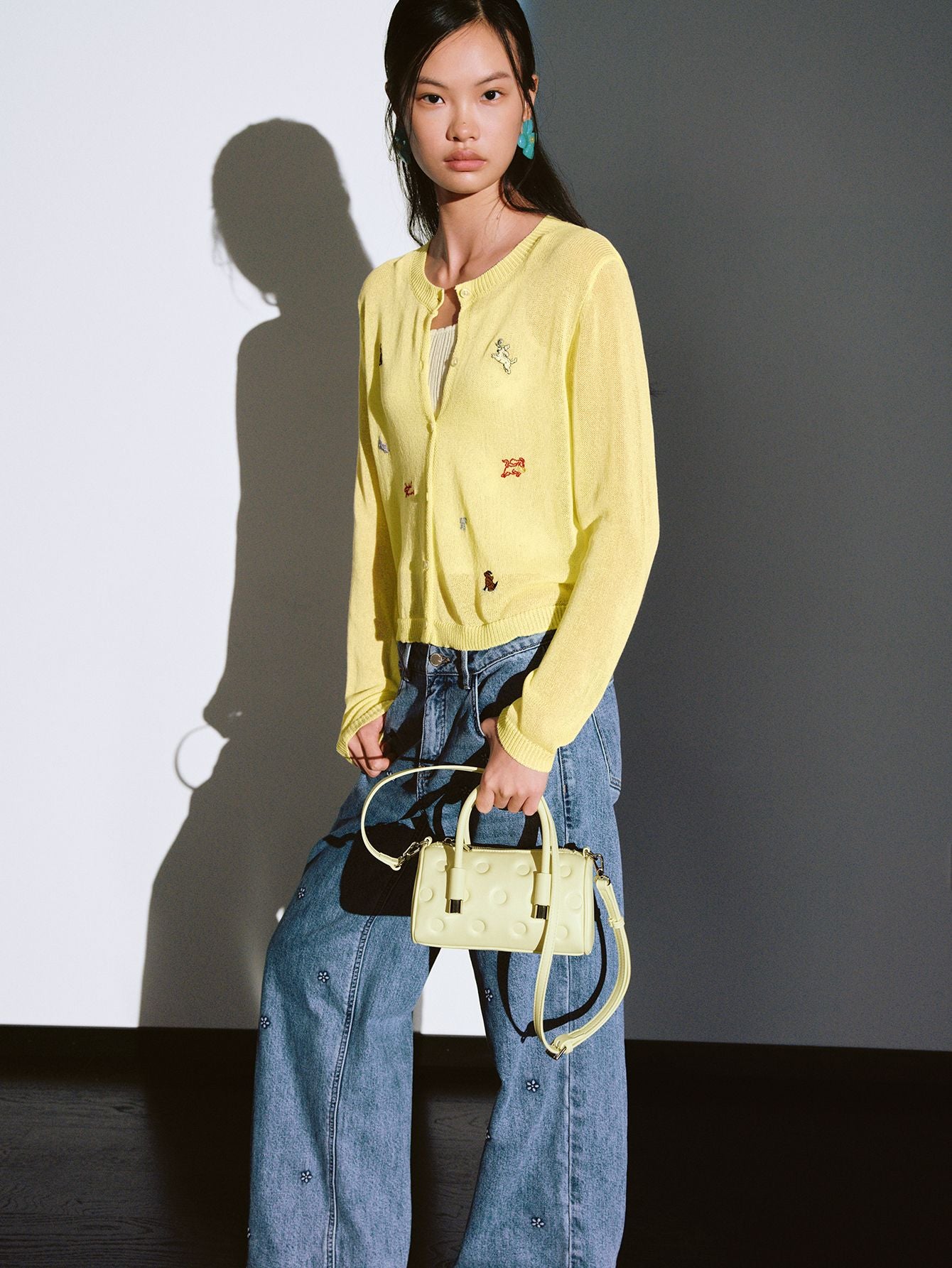Urban Revivo Embroidered Sheer Knitted Cardigans-light yellow