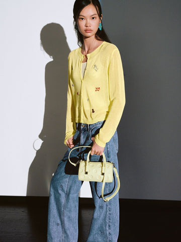 Urban Revivo Embroidered Sheer Knitted Cardigans-light yellow