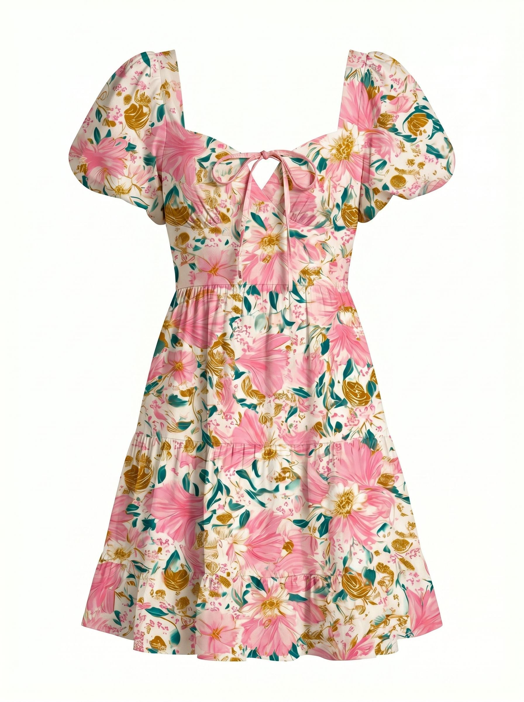 AYLA Floral Print Puff Sleeve Tiered Mini Dress