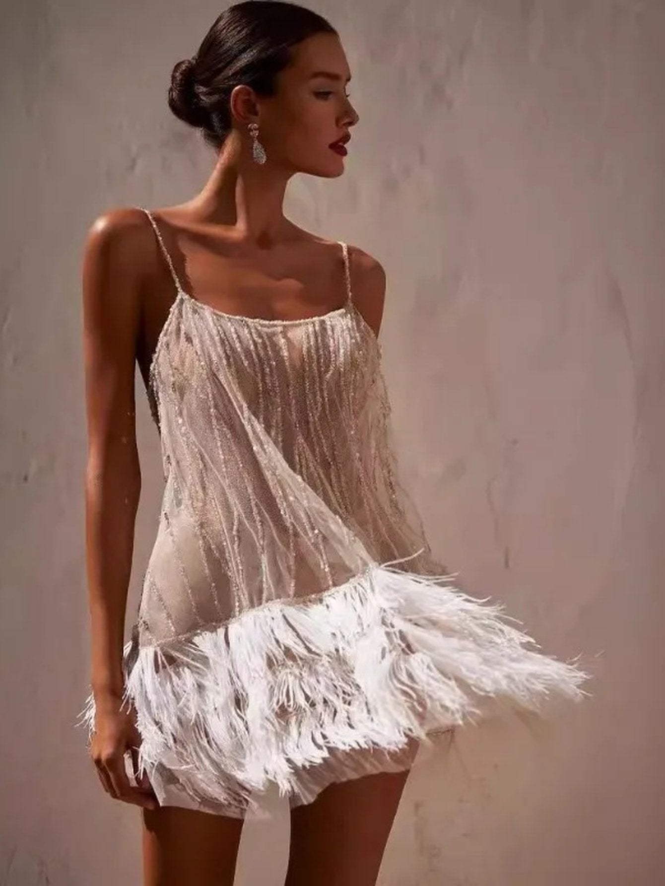 Embellished Feather Trim Mini Dress