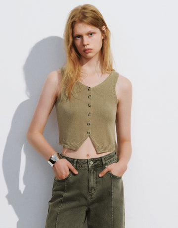 Urban Revivo Skinny Knitted Waistcoat-Yellow Brown