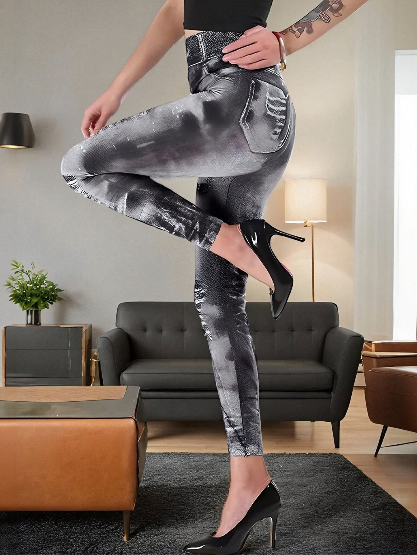 Distressed Denim-Print High-Waisted Stretchy Yoga Leggings-Black