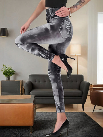 Distressed Denim-Print High-Waisted Stretchy Yoga Leggings-Black