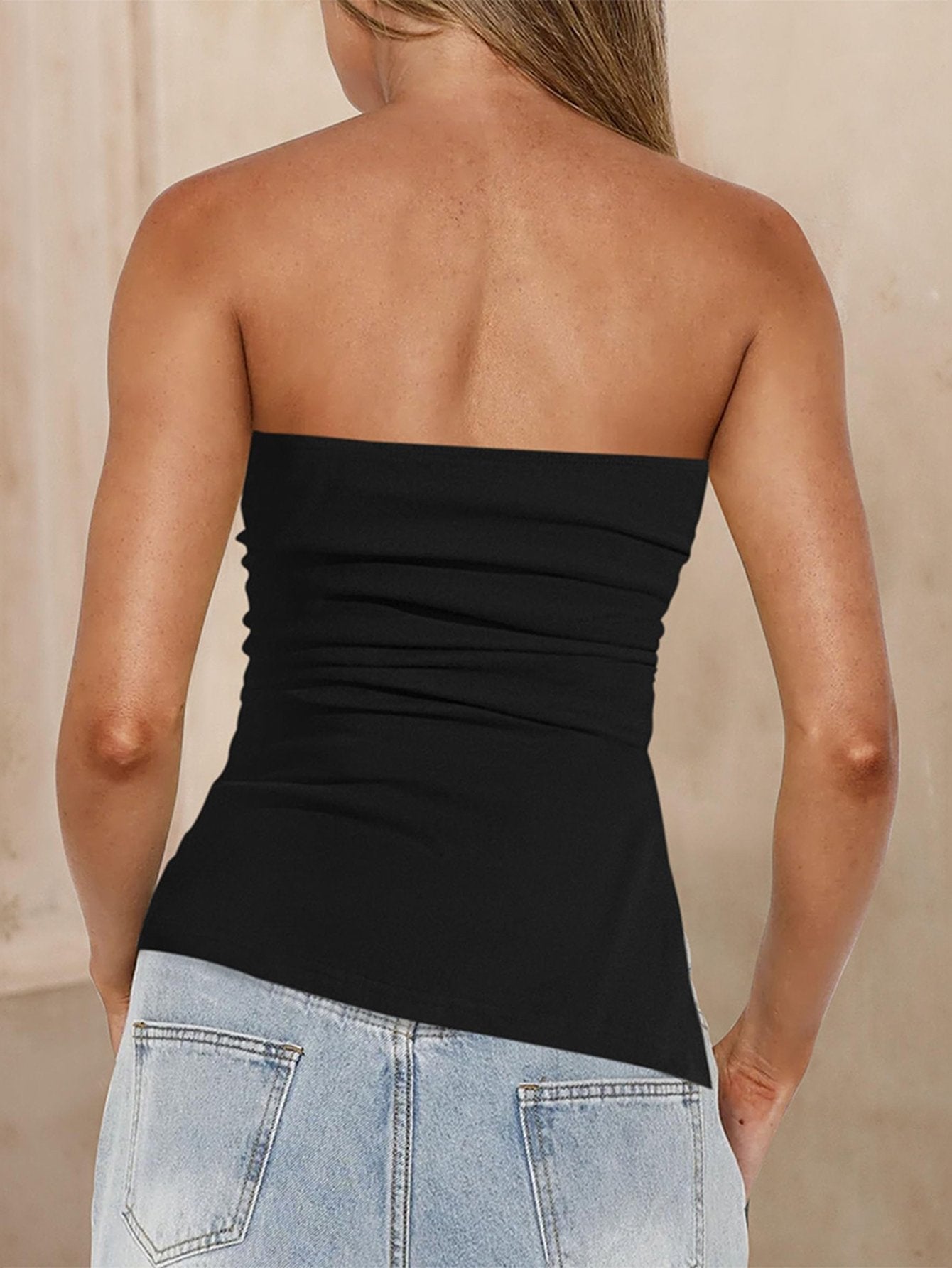 Side-Slit Asymmetrical Strapless Top-Black