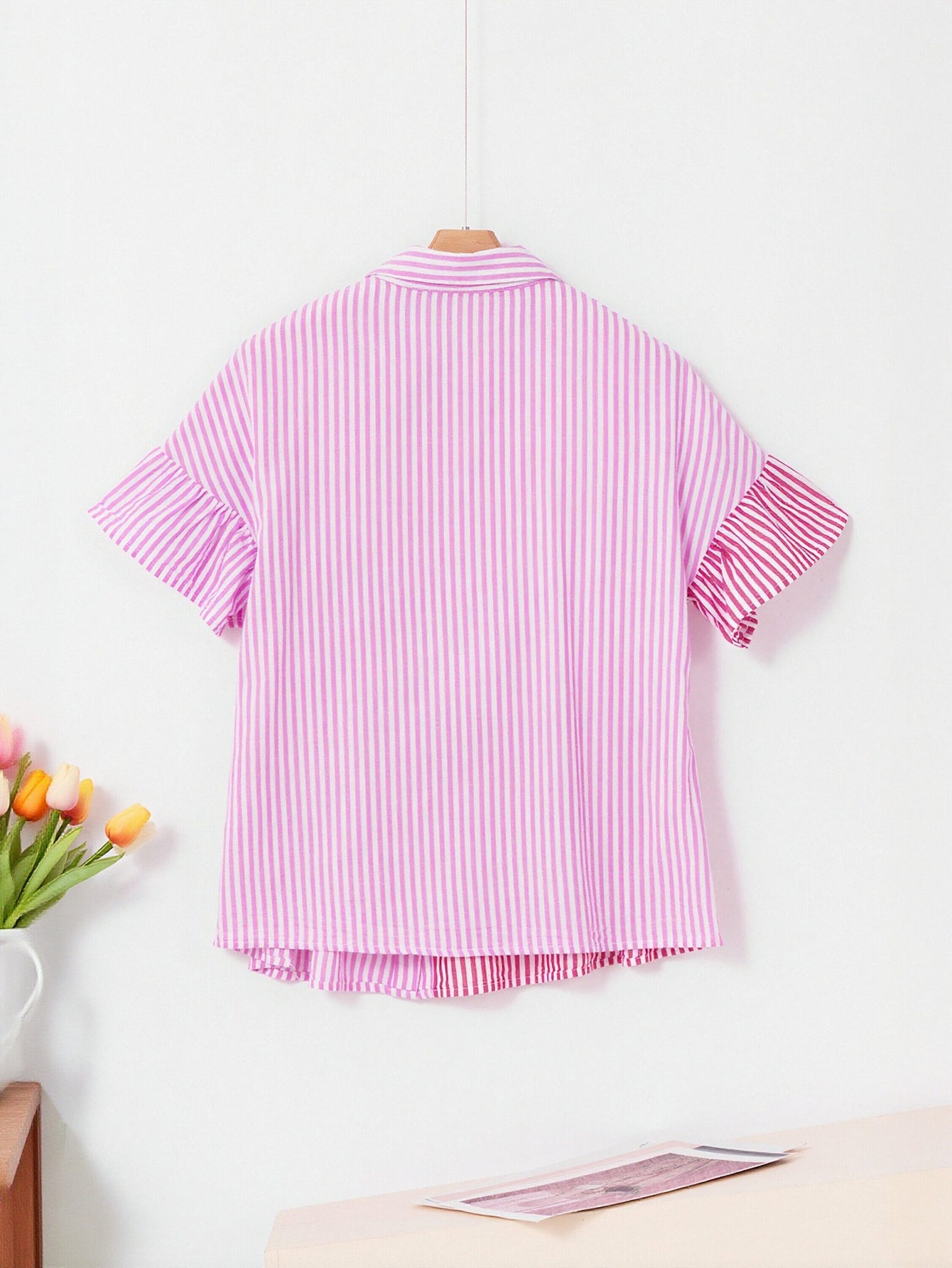 Pink Striped Ruffled Peplum Button Shirt