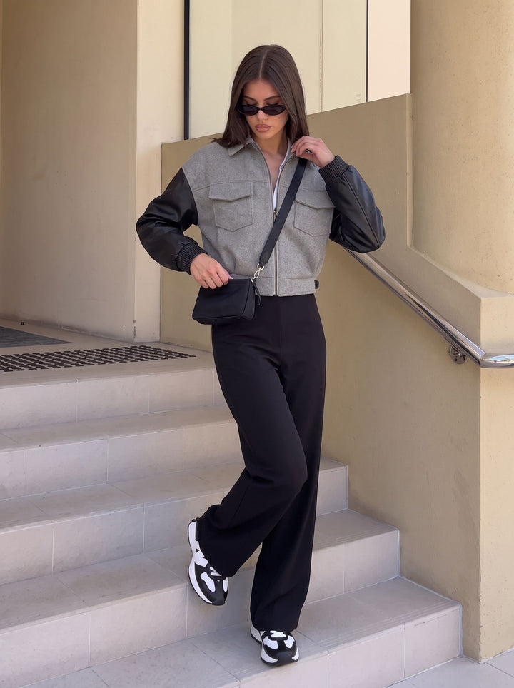 Colorblock Faux Leather Wool Blend Jacket