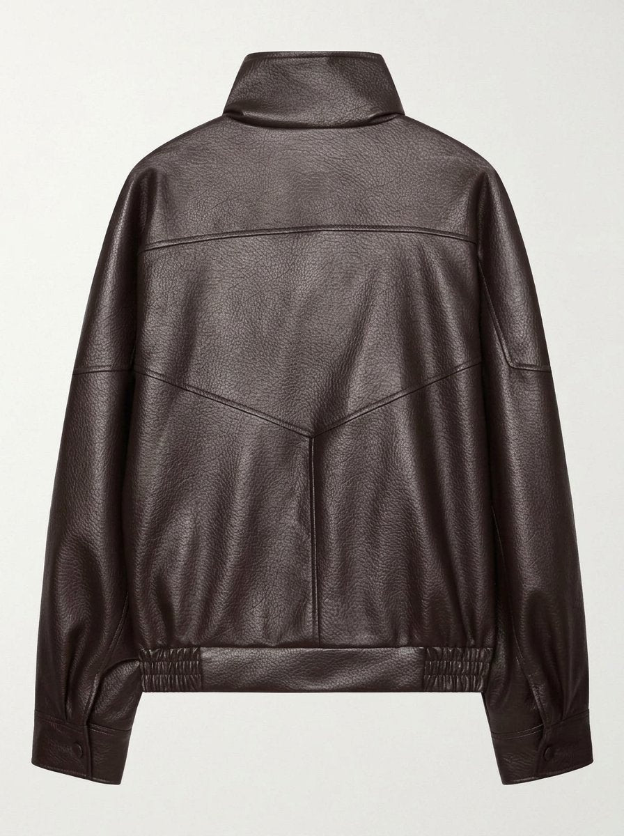 Oversized Brown Faux Leather Bomber Jacket