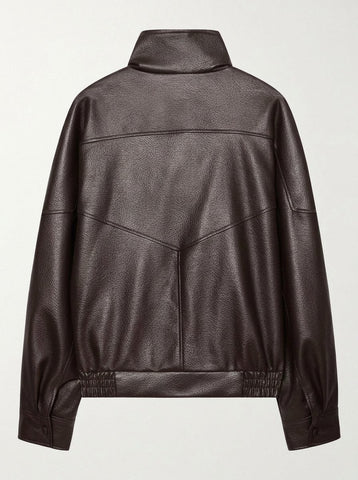 Oversized Brown Faux Leather Bomber Jacket