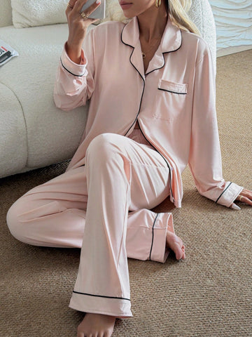 Soft Satin Piping Pajama Sleepwear Set