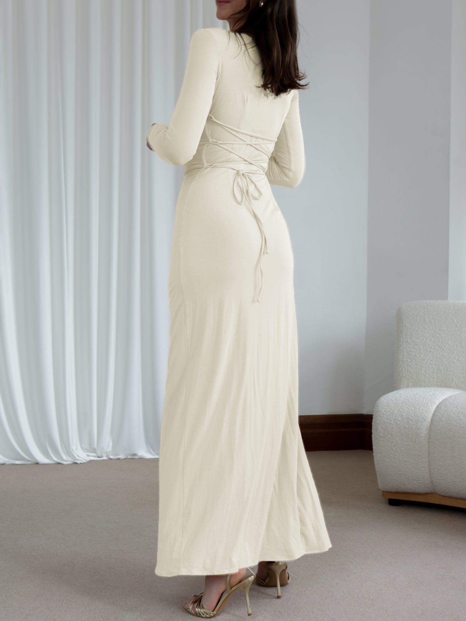 Long Sleeve Ruched Maxi Evening Dress-Multicolor