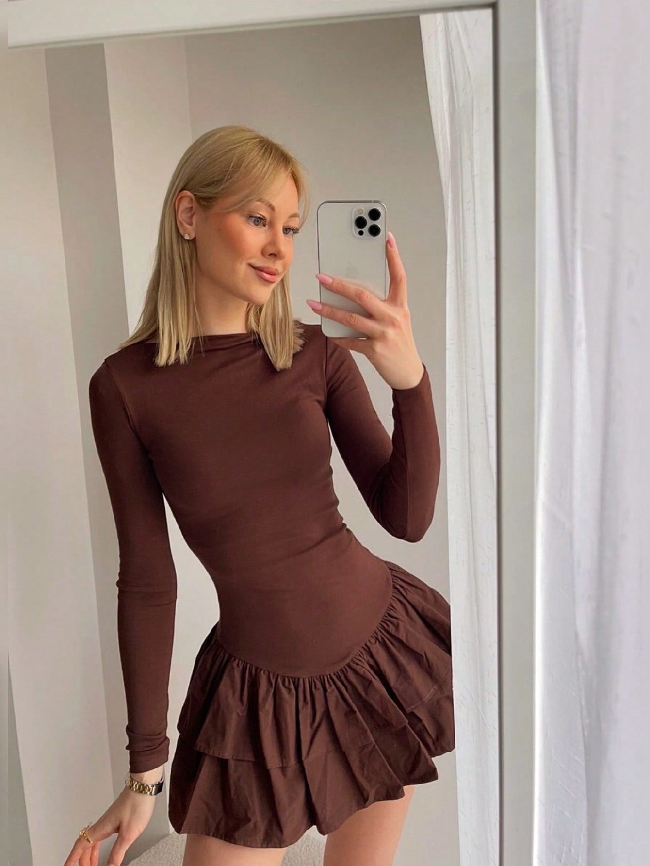 Backless Ruffle Hem Long Sleeve Dress
