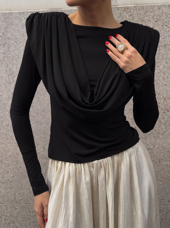 Padded Shoulder Cowl Neck T Shirt