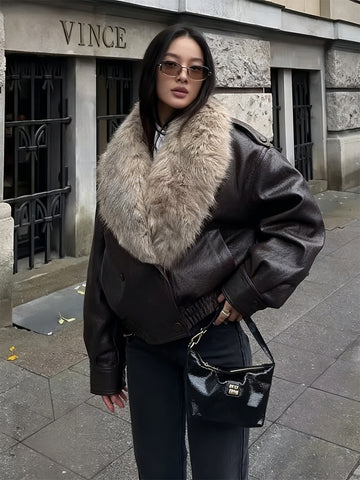 Oversized Faux Fur Collar Leather Jacket