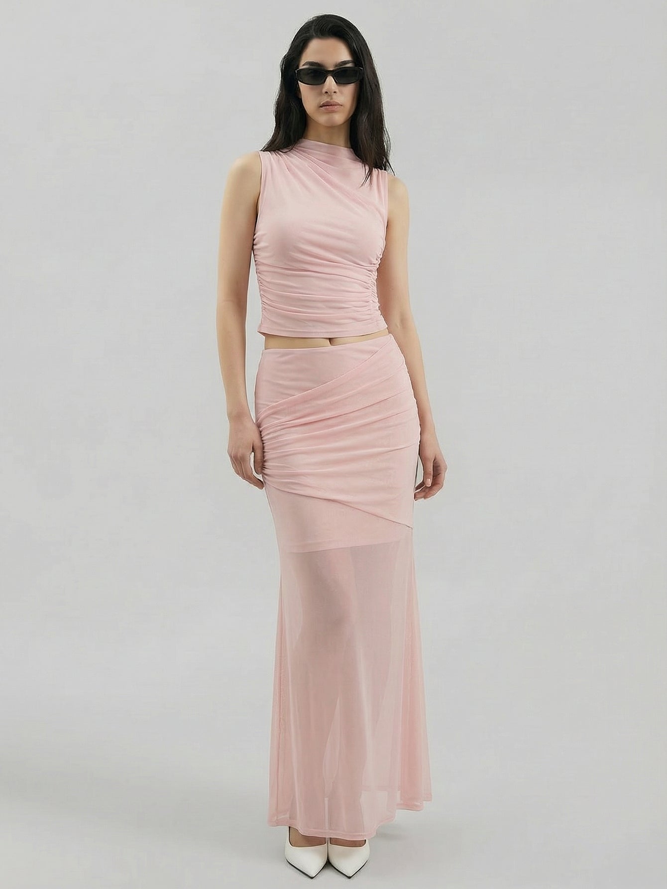 SAÏA Mock Neck Ruched Trendy Tank-Pink