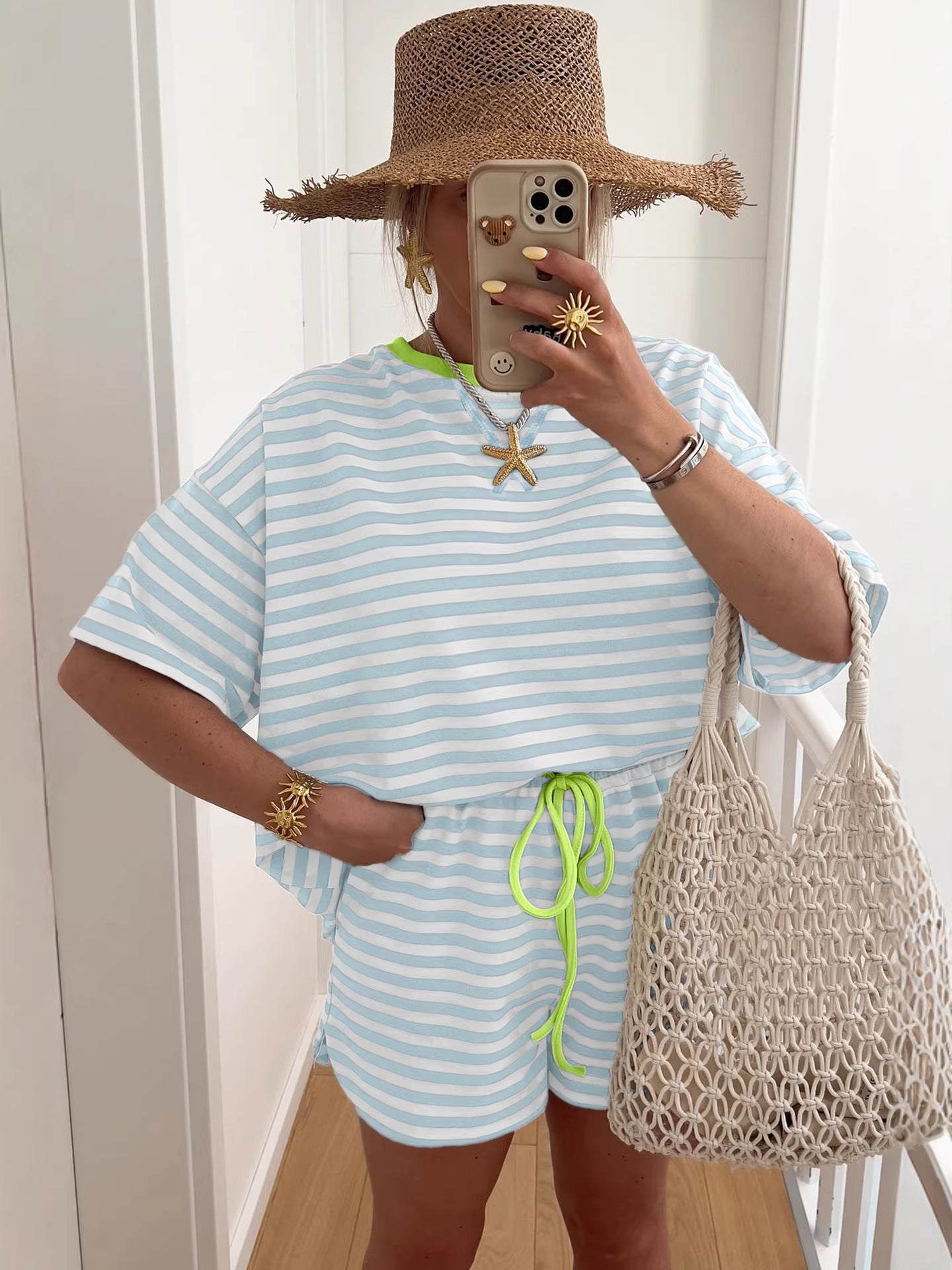 Striped Drawstring Waist Stylish Shorts Set