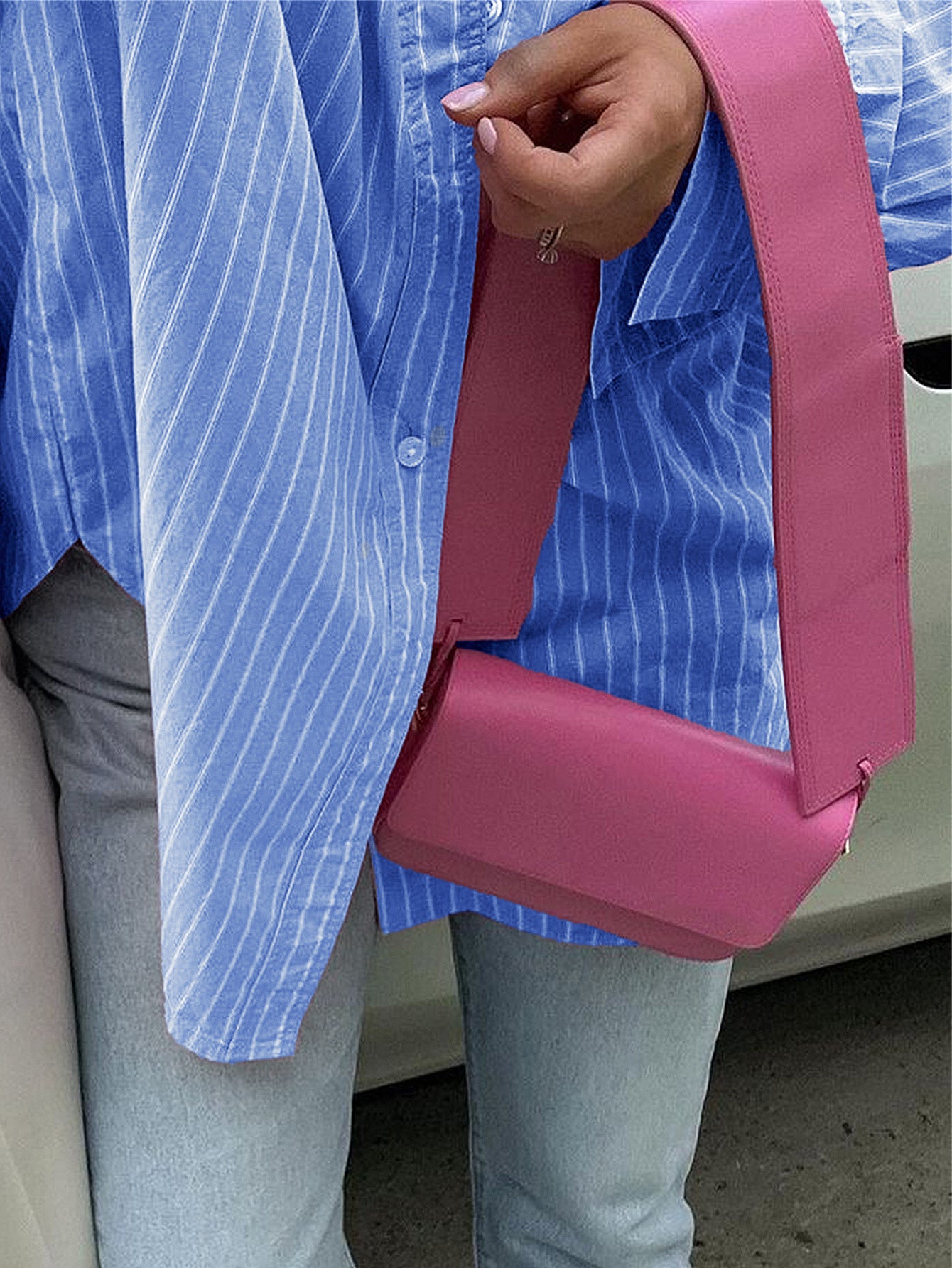 Relaxed Fit Vertical Stripe Longline Oversized Shirt-Pink