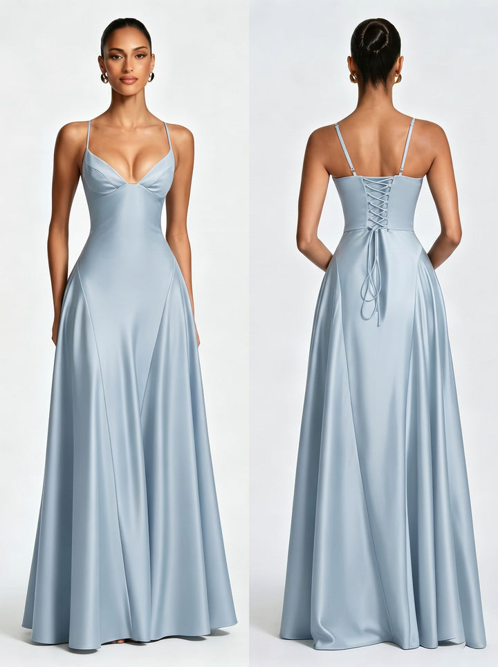 Elegant Satin V Neck Maxi Dress
