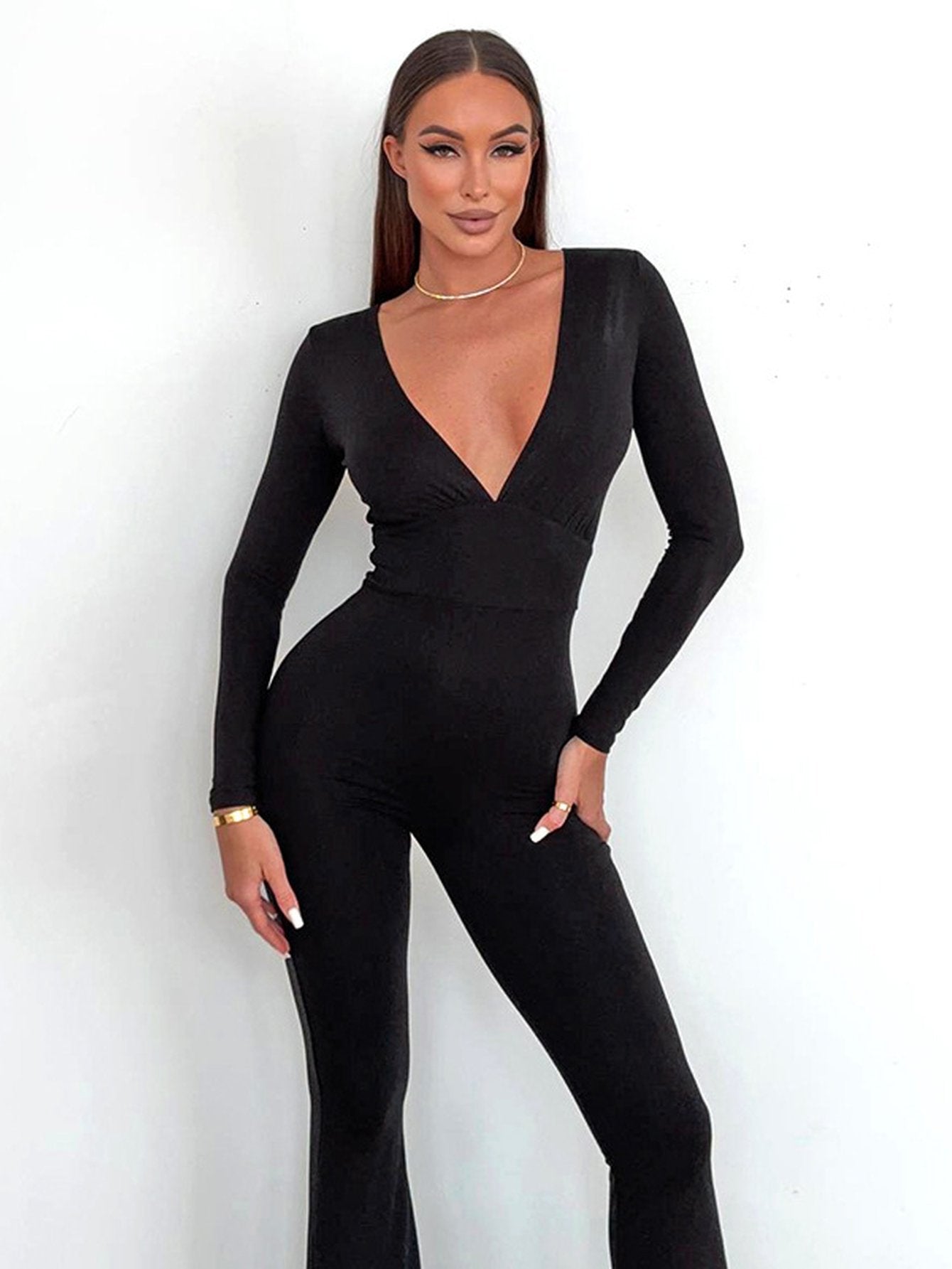 Sexy Deep V Neck Flared Jumpsuit