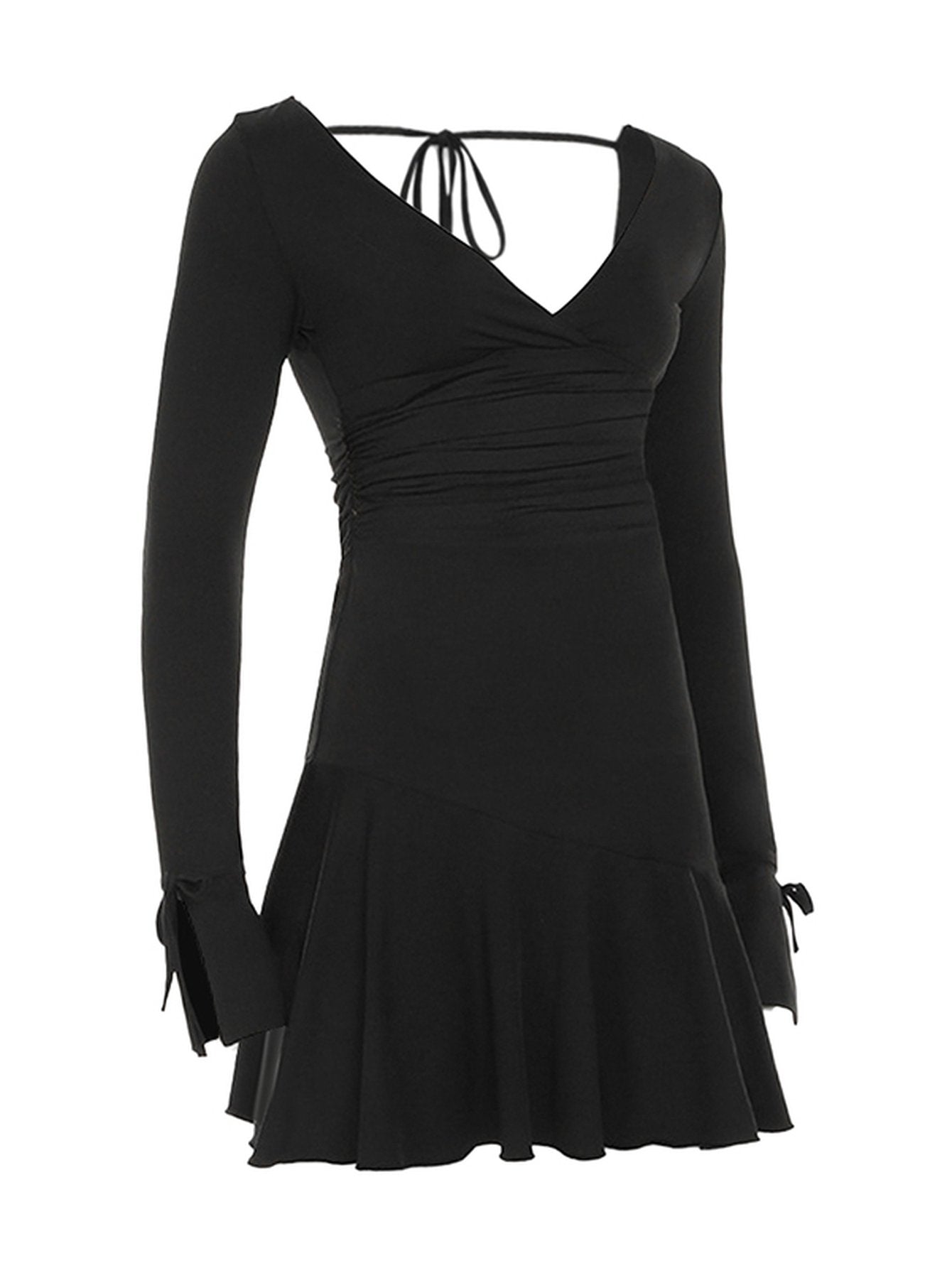 Deep-V Tie-Sleeve Party Mini Dress-Black