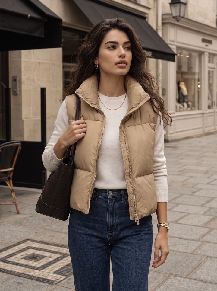 Cropped Puffer Vest Stand Collar