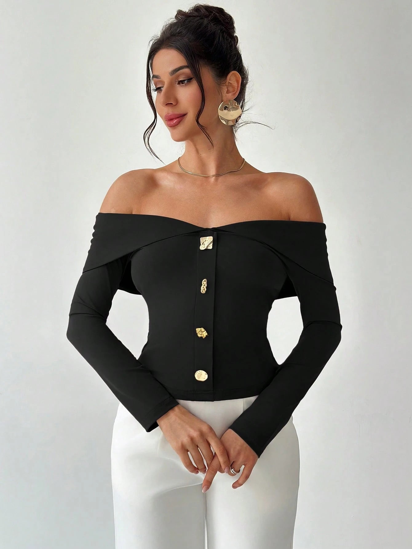 Elegant Off Shoulder Button Down Top