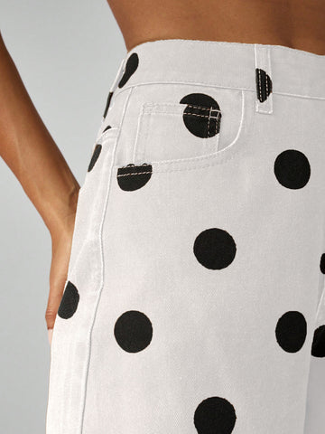High Waisted Polka Dot Wide Leg Jeans