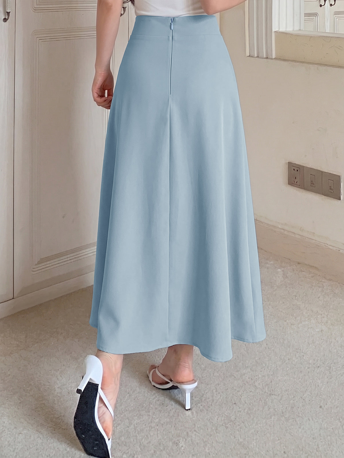 High Waisted Button Detail Midi Skirt