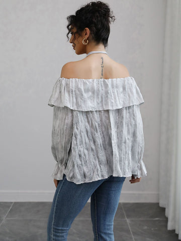 Off-the-Shoulder Ruffled Rose-Embellished Chic Blouse-Gray
