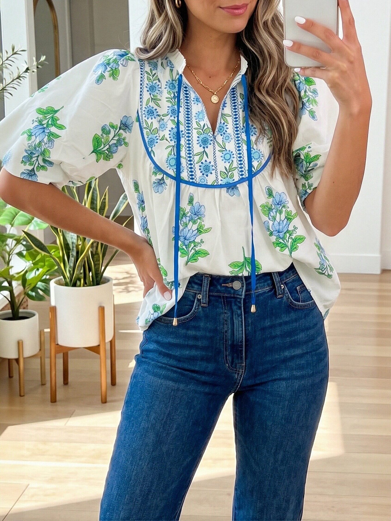 Floral Puff Sleeve Chiffon Blouse