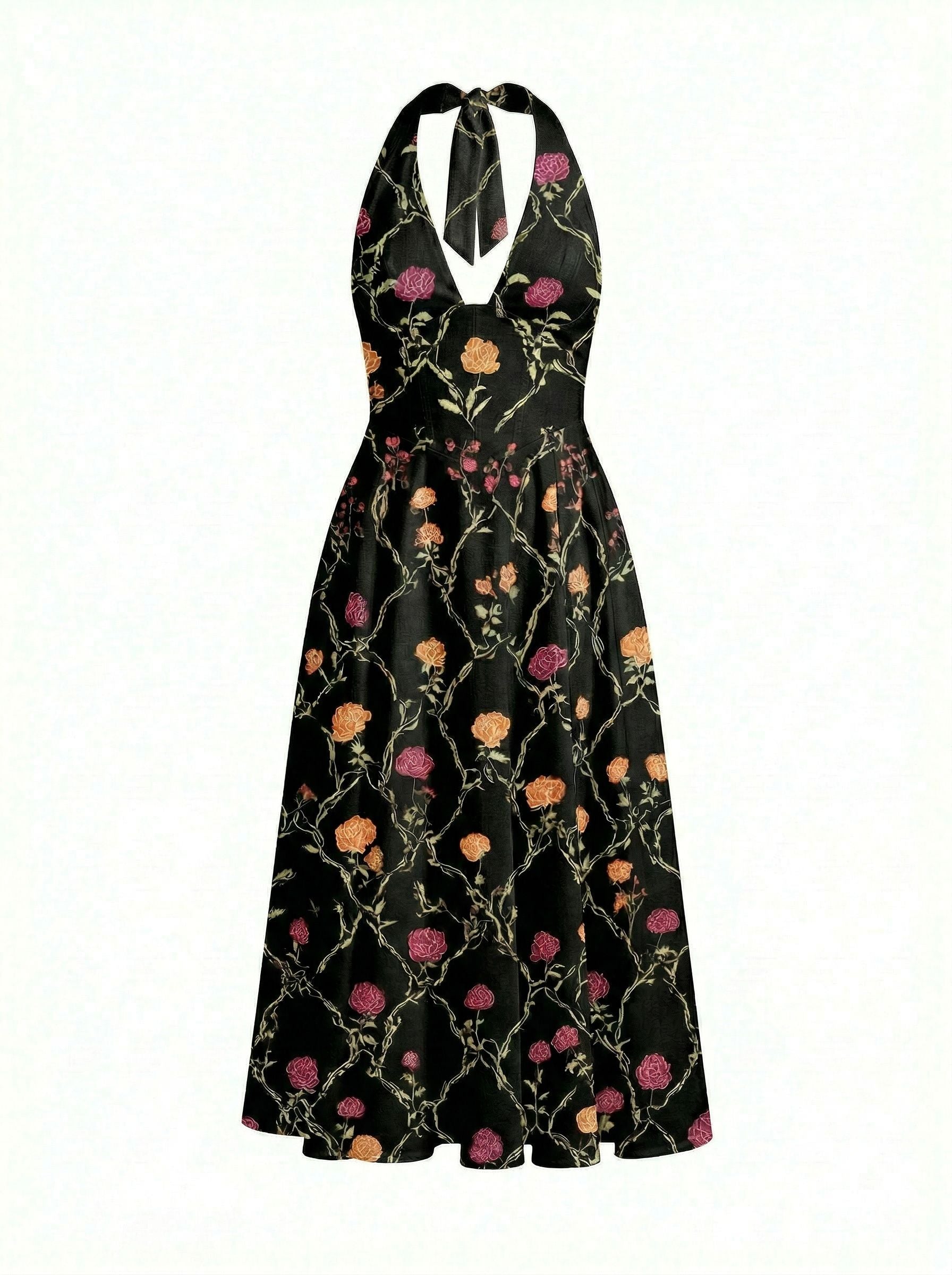 Floral Print Halter Neck Tie Back Midi Dress