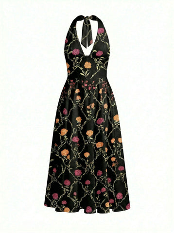 Floral Print Halter Neck Tie Back Midi Dress