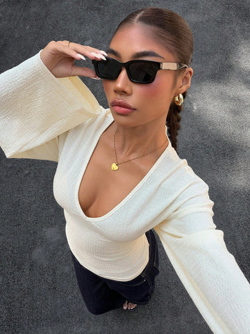 Textured Deep V Neck Long Sleeve Top